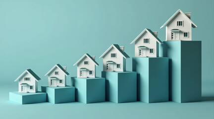A series of miniature houses on ascending blocks, symbolizing growth in the housing market against a soft turquoise background.