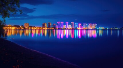 Fototapeta premium Colorful illuminated city skyline reflected in the calm water at night