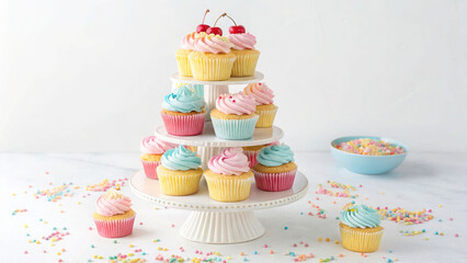 Cute cupcake tower with pastel frosting on white background, studio shot
