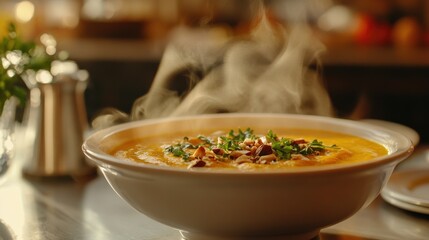 A steaming bowl of creamy orange soup garnished with nuts and herbs