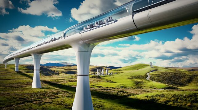 Hyperloop: A Futuristic Vision: A cutting-edge hyperloop train system gracefully traverses a vibrant landscape, soaring above rolling hills and under a dynamic, cloud-filled sky.