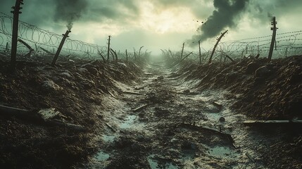 Desolate no man's land between trenches marked by barbed wire, craters, and debris at dusk