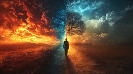 Solitary figure walking on dual-world path with fiery and calm skies