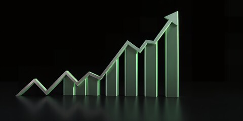 A green upward trend line with columns on a reflective black surface against black background