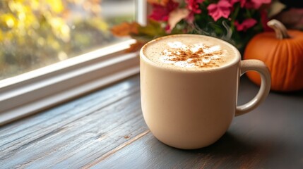 A cozy warm beverage cup sits in front of a window