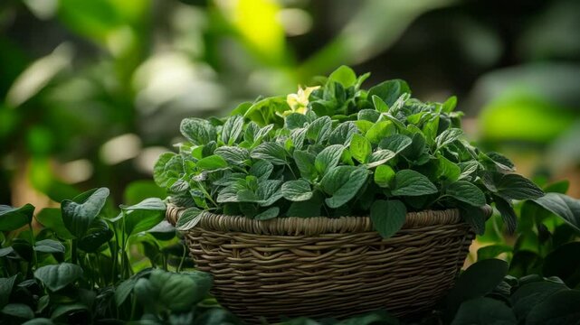 A serene arrangement of green plants in a woven basket, highlighting nature's tranquility and growth in a lush setting.