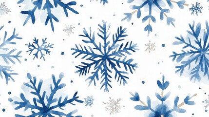 Fototapeta premium Blue watercolor snowflakes pattern on white background