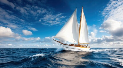 Obraz premium A majestic sailing yacht navigates the open ocean, cutting through the waves under a vivid sky, evoking a sense of adventure and freedom on the vast sea.