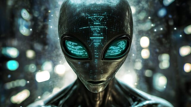 Otherworldly Gaze: A close-up encounter with a mysterious extraterrestrial being, its luminous eyes reflecting a complex network of data. This striking image sparks curiosity about the unknown.