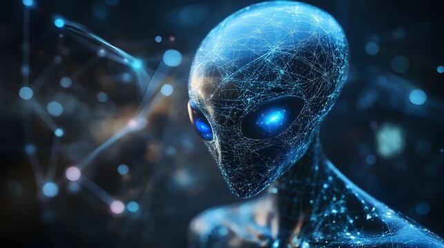 Alien's Digital Gaze: An extraterrestrial being with a digitized body and radiant blue eyes peers out, connected by an intricate network.