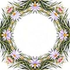 Obraz premium Seamless pattern wildflowers painted, A circular floral design featuring water lilies and green leaves, creating a delicate border around a blank center.