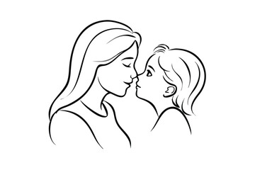 Minimalist Line Art Of Loving Mother And Child Touching Noses In Tender Embrace Demonstrating Parenthood Affection And Family Bond On White Background