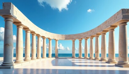 Fototapeta premium Elliptical colonnade of ancient marble pillars against a vibrant blue sky , outdoor, monumental