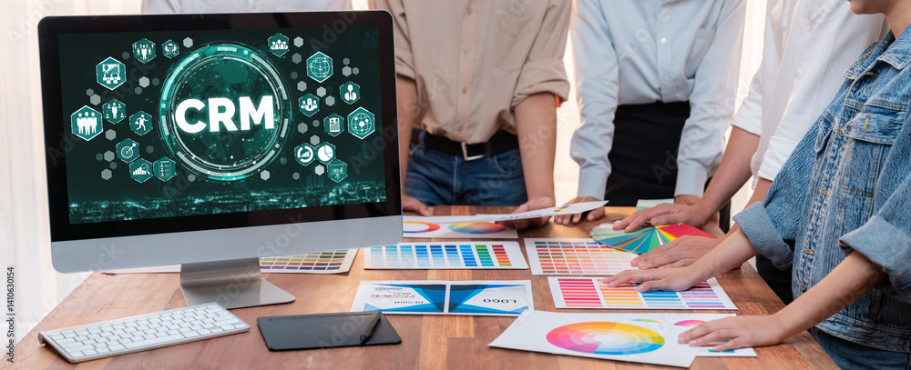 Poster customer relationship management system on brisk computer for crm business and enterprise