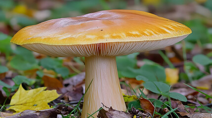 Fototapeta premium Large Orange Mushroom On Forest Floor Autumn Leaves