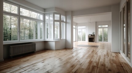 Obraz premium Empty, bright living room with hardwood floors and large windows offering views of lush greenery. Natural light fills the space, creating a calm and airy atmosphere.