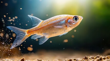 An exquisite shot of a vibrant fish gracefully swimming through the shimmering waters, capturing the essence of aquatic life and beauty in motion.