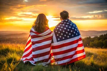 Couple wrapped in U.S. flag looking at sunset
