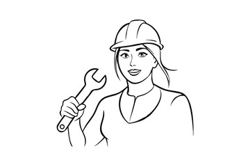 Skilled Female Engineer With Wrench Wearing Hard Hat Line Art Vector Illustration Industrial Worker Confident Woman Empowered Professionalism Clean Design