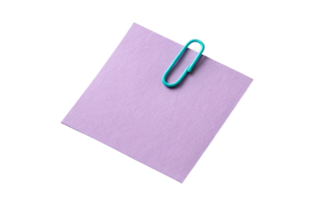 pale purple sticky note with teal paperclip pink paper clip isolated on white background.
