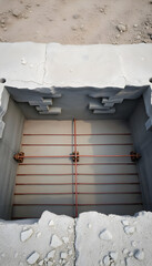 Obraz premium concrete structure with a metal gate and red piping