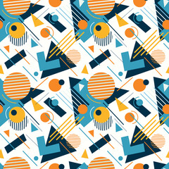 modern geometric pattern with circles, triangles and lines in bright hues. The overlapping elements create a visually engaging effect, perfect for wallpapers, textiles, or any decorative purpose.