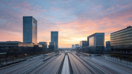 Sunrise Over Modern City Highway