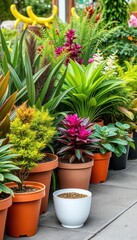 Fototapeta premium Varied potted plants in a neat row, showcasing diverse foliage and containers, home decor, home, potted plants