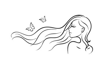 Minimalist Line Art Of Woman With Flowing Hair And Butterflies Simple And Elegant Design For Beauty And Fashion Themes