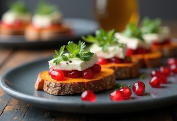 Sweet potato slices with feta, pomegranate, and herbs