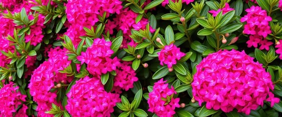 Fototapeta premium Vibrant pink flower clusters explode from lush green foliage, colorful, flowers
