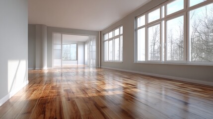 Obraz premium Sunlit empty room with hardwood floors and large windows offering a view of winter trees. The minimalist design creates a bright and airy atmosphere.