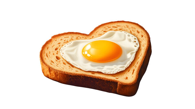Realistic toasted bread with a heart-shaped cutout filled with a sunny-side-up egg, crispy and golden, on a white background