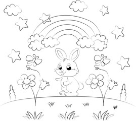 Cute cartoon easter bunny with colorful eggs and spring flowers for a happy holiday greeting card