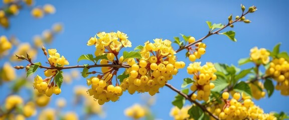 Vibrant yellow currant blossoms on a branch, summer blue sky backdrop, botany, flowering