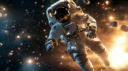 Fototapeta premium Astronaut Floating in Space Amidst Cosmic Debris