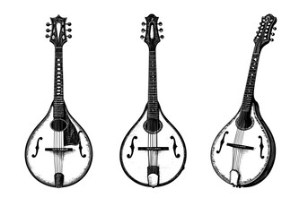 Detailed Mandolin Instruments Set in Black and White Vintage Style
