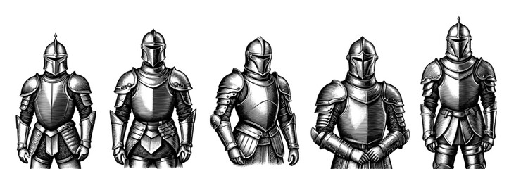 Knights in armor set detailed illustration in black and white representing medieval warriors,vintage,engraved,ink hand drawn, vector.