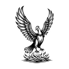 Obraz premium Phoenix rising from flames black and white line art illustration.