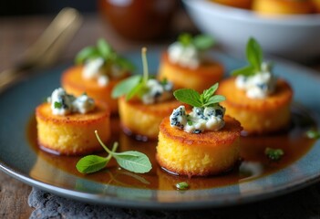 Polenta rounds with blue cheese and herbs on ceramic plate