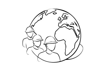 Global Workforce Illustration Workers In Hard Hats Surrounding Earth Line Art Style Teamwork And International Collaboration Concept Represents A Skilled Team