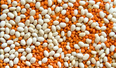 Red lentils and white beans scattered on a black background. Selective focus.