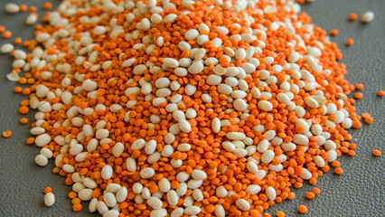 Red lentils and white beans scattered on a black background. Selective focus.