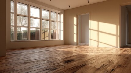 Obraz premium Sunlit empty room with hardwood floors and large windows. Warm, inviting, and ready for new beginnings. Perfect for home staging or real estate photography.