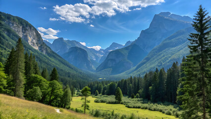 Fototapeta premium Breathtaking summer day in wild mountains with coniferous forest and green slopes. Location place Carpathian mountains, Ukraine, Europe. Sunshine vibe. Photo wallpaper. Discovery the beauty of earth