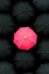 Bright Pink Umbrella Among Black Umbrellas: Standing Out from the Crowd Concept