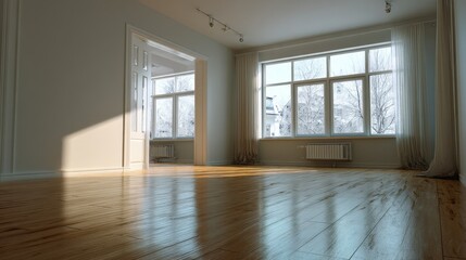 Obraz premium Sunlight streams into a bright, empty room with hardwood floors and large windows. The minimalist interior is serene and inviting.