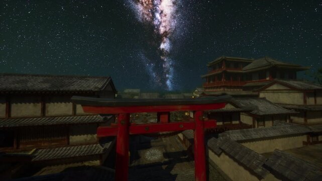 A traditional Japanese torii gate stands prominently as the milky way illuminates the night sky, creating a serene atmosphere above an ancient village scene in Japan.