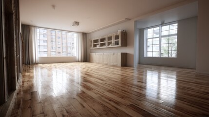Obraz premium Bright, airy living room with hardwood floors, large windows, and built-in wooden cabinetry. Sunlight streams in, illuminating the polished wood.