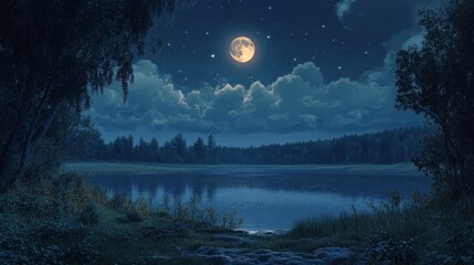 Serene moonlit lake at night with starry sky and forest landscape